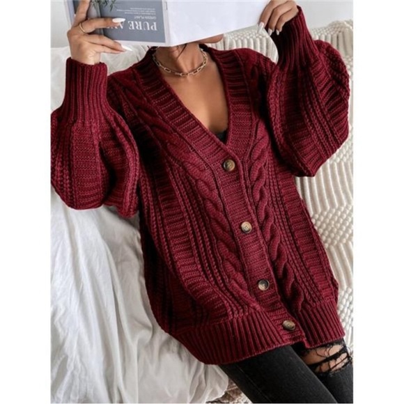 NWT Cable Knit Button Up Cardigan Maroon size L - Picture 5 of 7